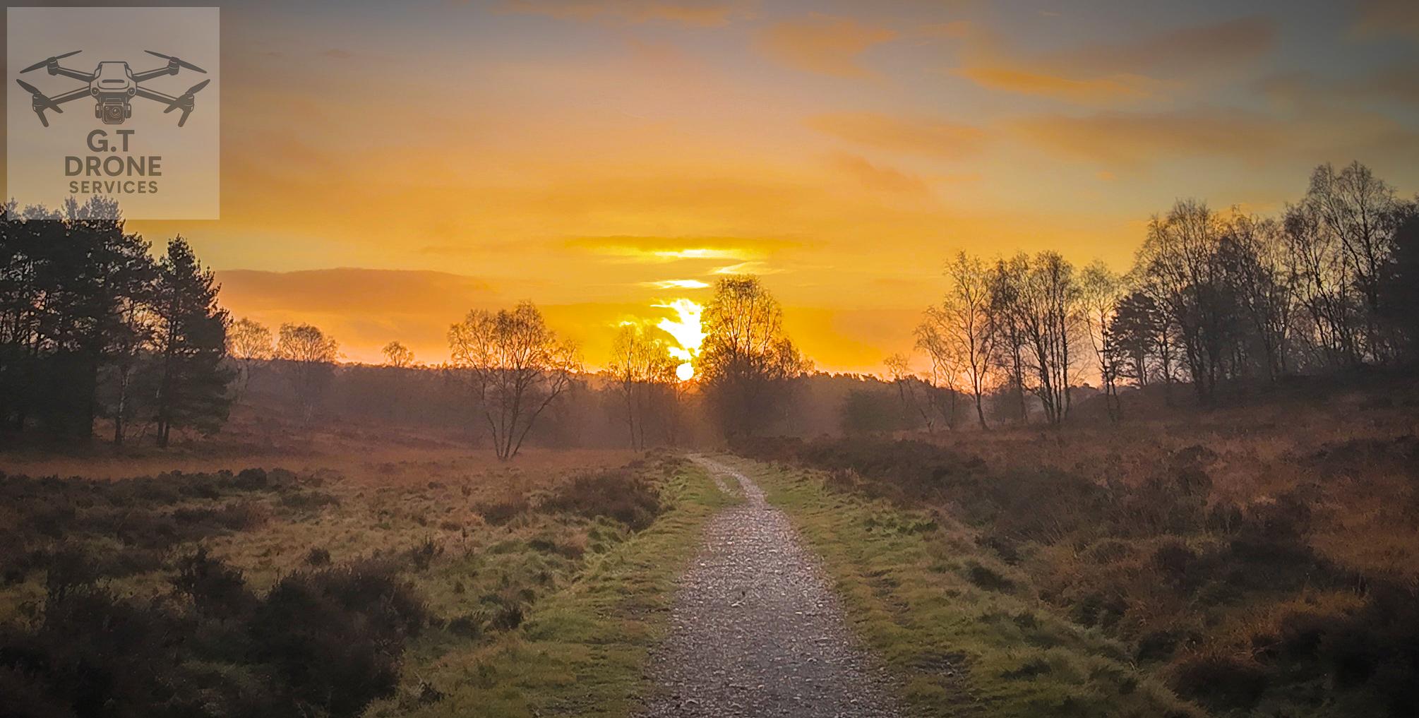 Drone view of Cannock skyline at sunset